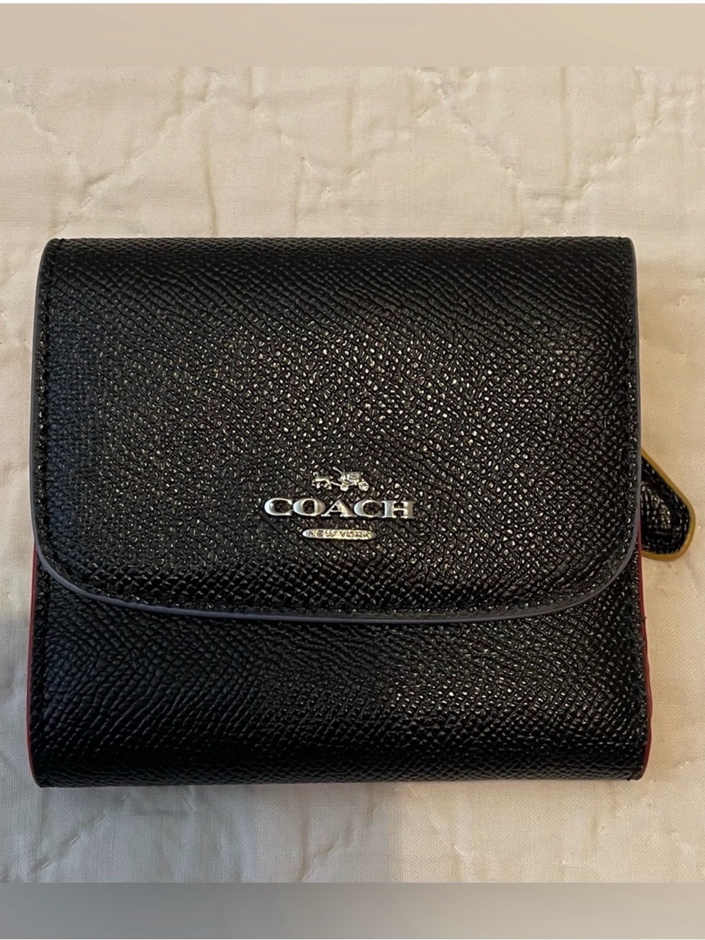 Coach Black Pebbled Leather Trifold Wallet with Silver Logo